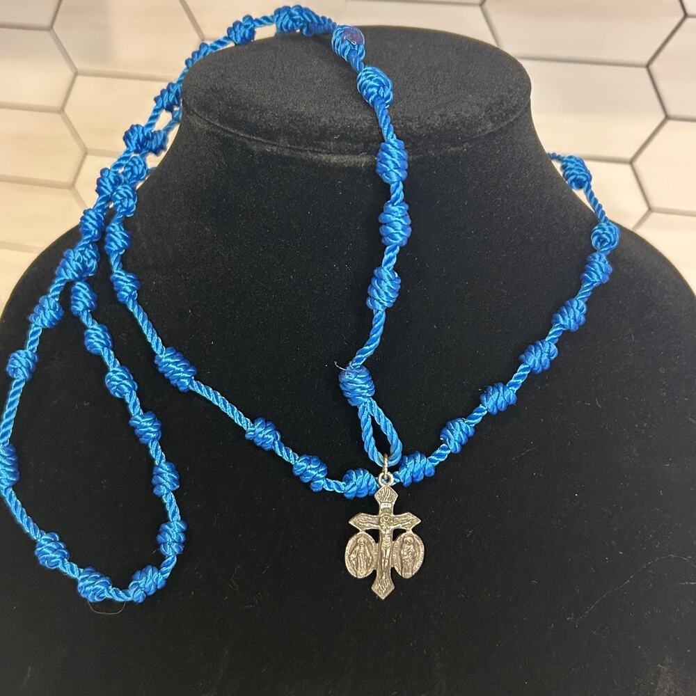 Blue Knotted Cord Rosary Necklace Silver Tone Crucifix Religious Devotional